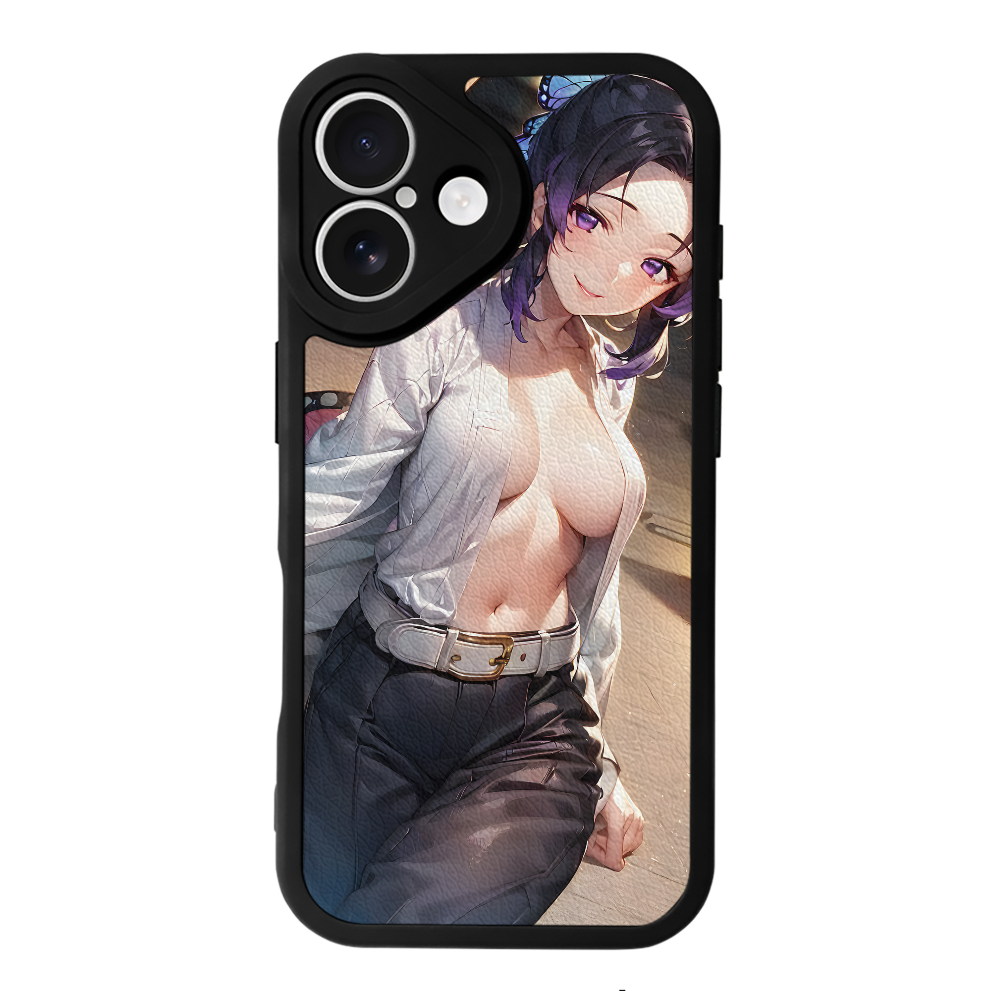（画像用） 鬼滅の刃（きめつのやいば）蟲柱-胡蝶 しのぶ／こちょう しのぶ Kochou Shinobu 【iPhone 16シリーズ対応】シリコンスマホケース（レザー調） 材質：シリコン